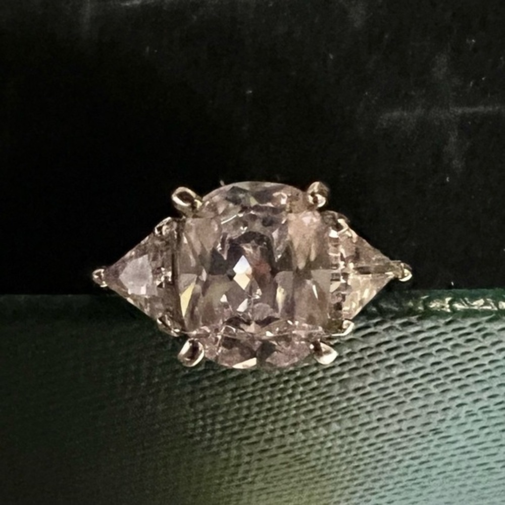 Three Stone diamond Ring silver emerald Cut Engagement side baguettes